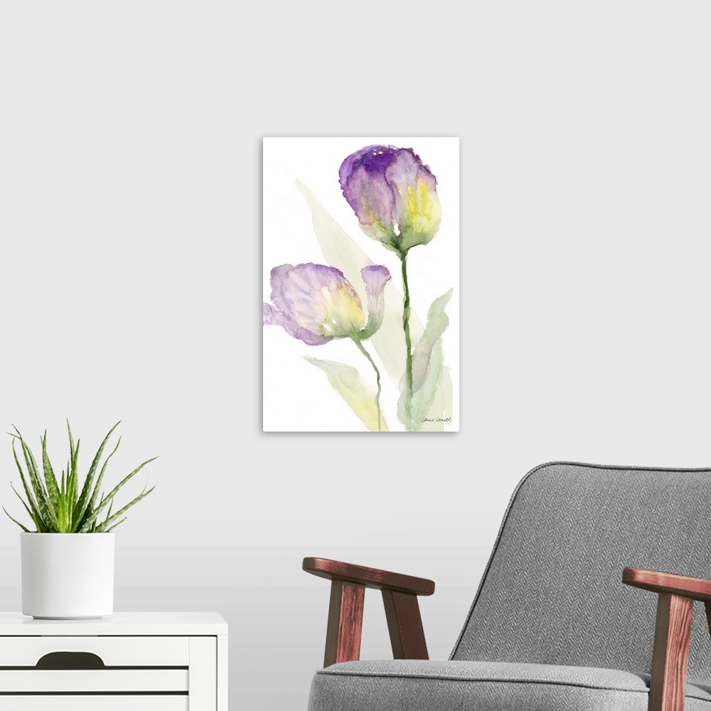 A modern room featuring Contemporary artwork featuring purple watercolor tulips against a white background.
