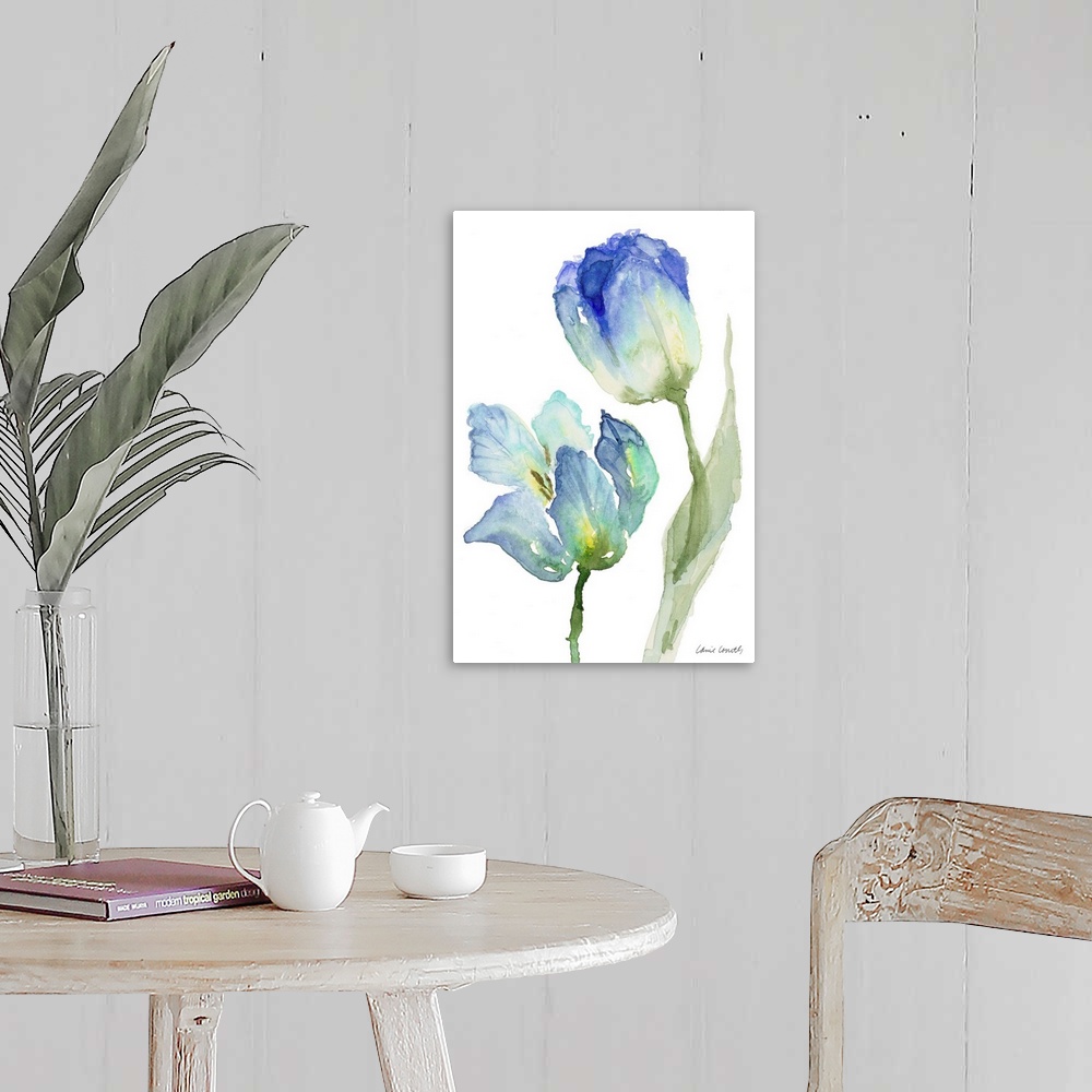 A farmhouse room featuring Contemporary artwork featuring blue watercolor tulips against a white background.