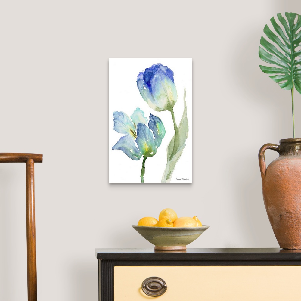 A traditional room featuring Contemporary artwork featuring blue watercolor tulips against a white background.