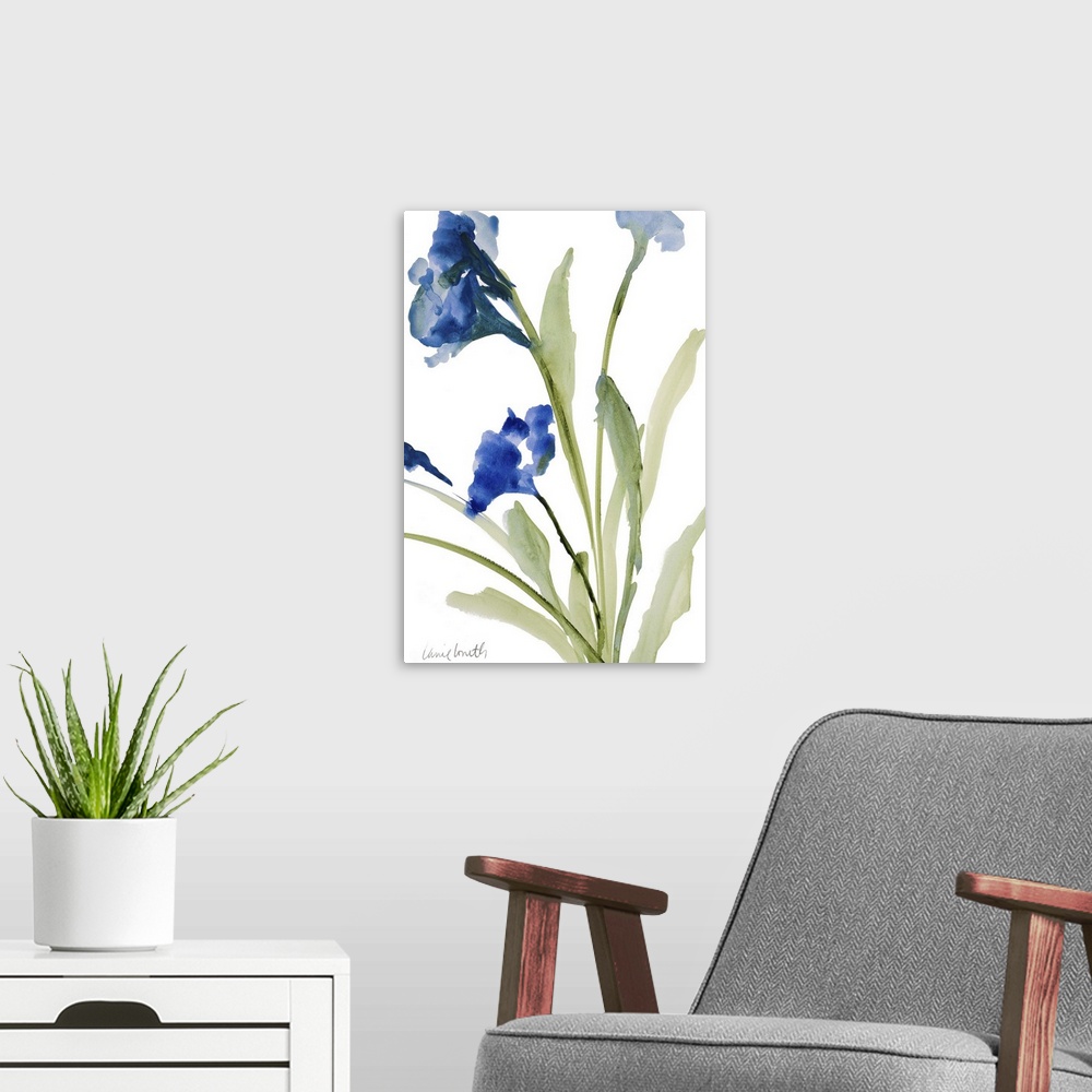 A modern room featuring Watercolor painting of blue flowers on green stems against a white background.