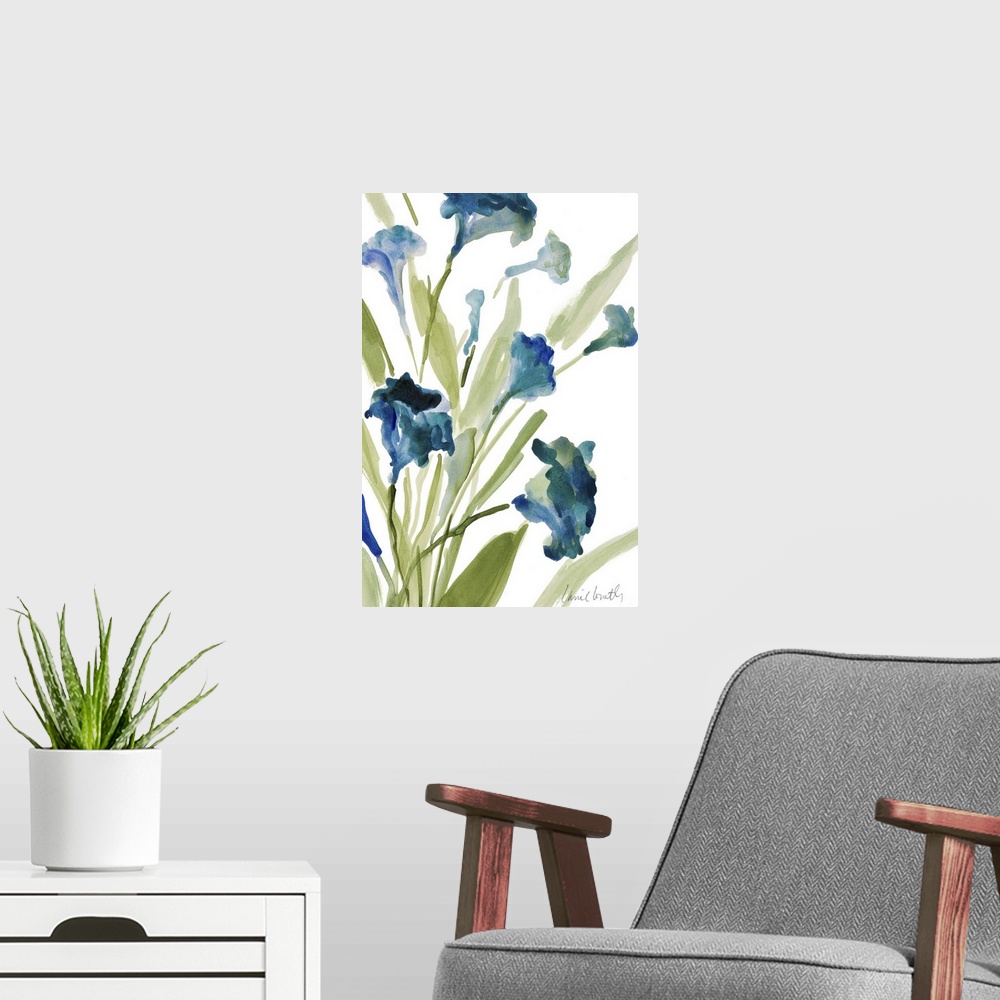 A modern room featuring Watercolor painting of blue flowers on green stems against a white background.