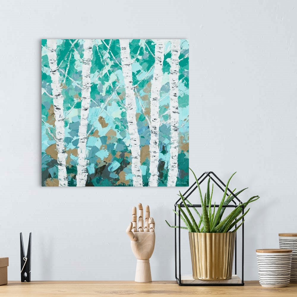 A bohemian room featuring A group of birch trees with teal and brown leaves.