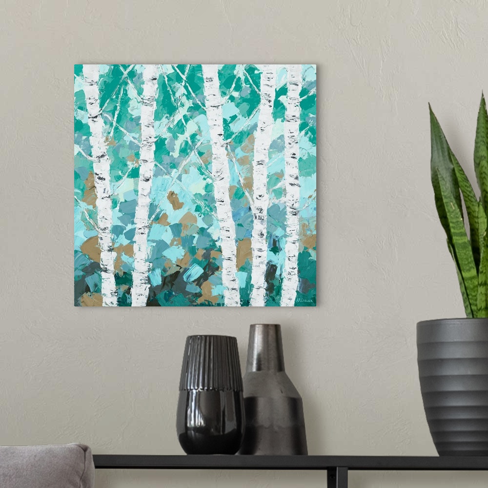 A modern room featuring A group of birch trees with teal and brown leaves.