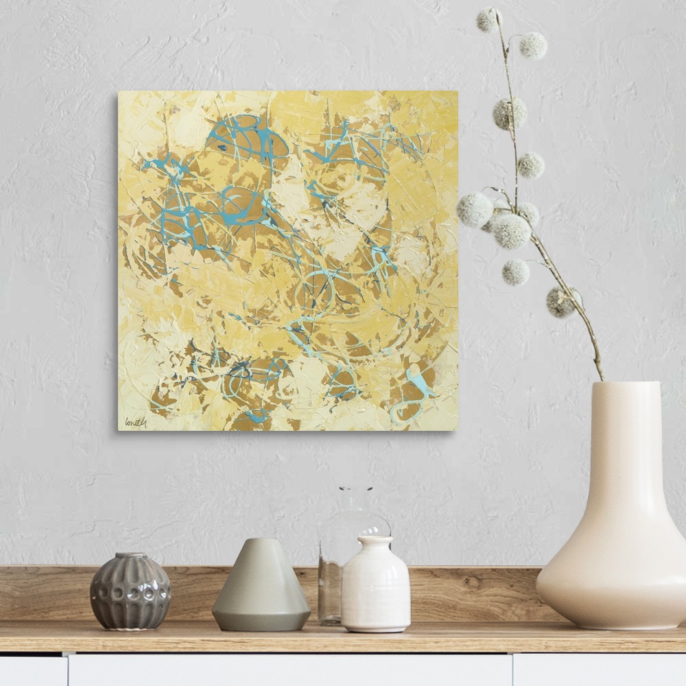 A farmhouse room featuring Abstract contemporary painting in yellow shades with lots of texture.