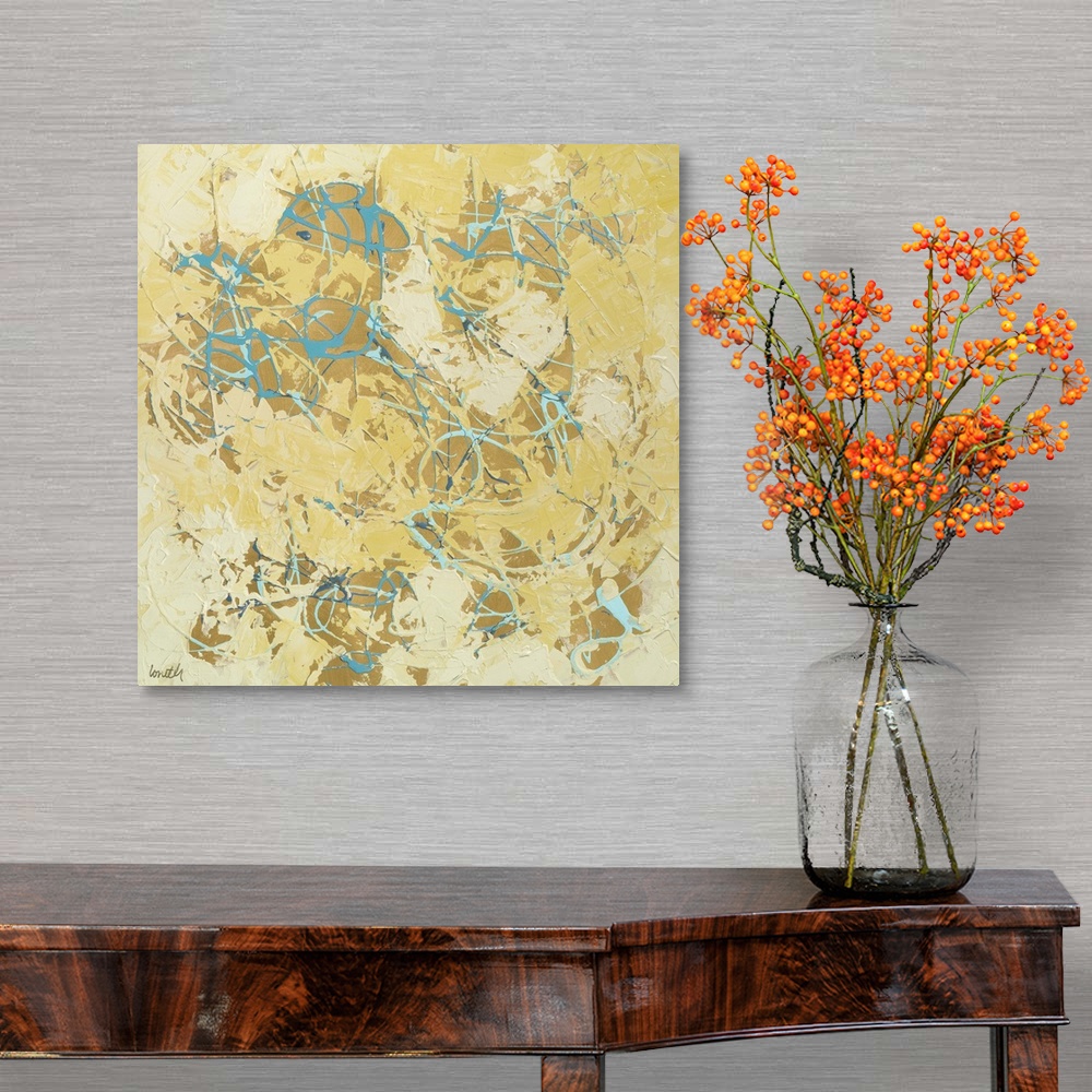 A traditional room featuring Abstract contemporary painting in yellow shades with lots of texture.