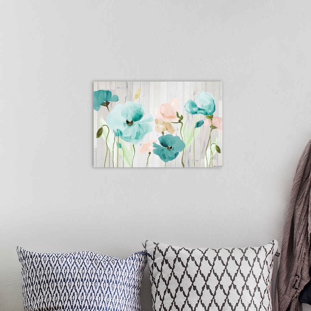 A bohemian room featuring Contemporary painting of blue and light pink poppy flowers on a rustic white wood paneled backgro...