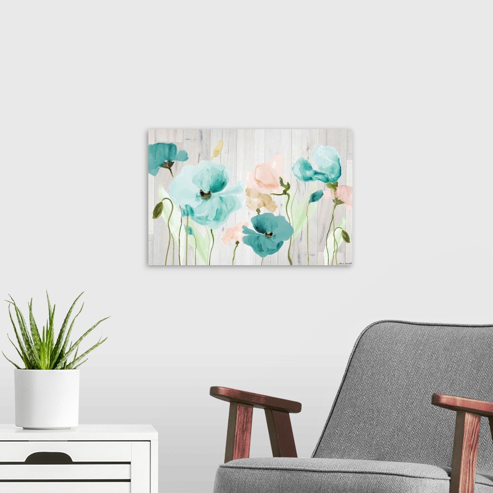 A modern room featuring Contemporary painting of blue and light pink poppy flowers on a rustic white wood paneled backgro...
