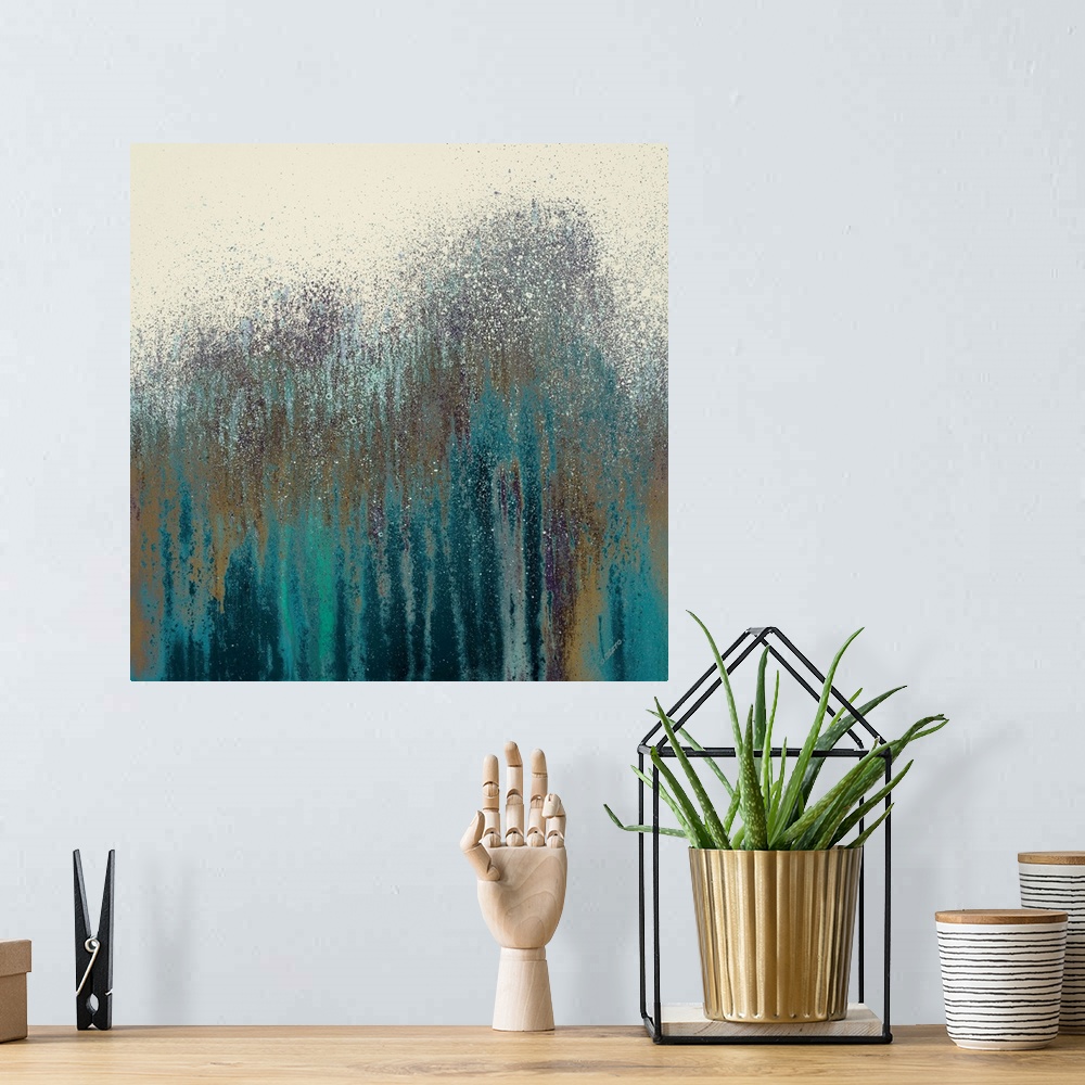 A bohemian room featuring This square abstract painting of streaks and splatters of paint makes a wonderful decorative acce...