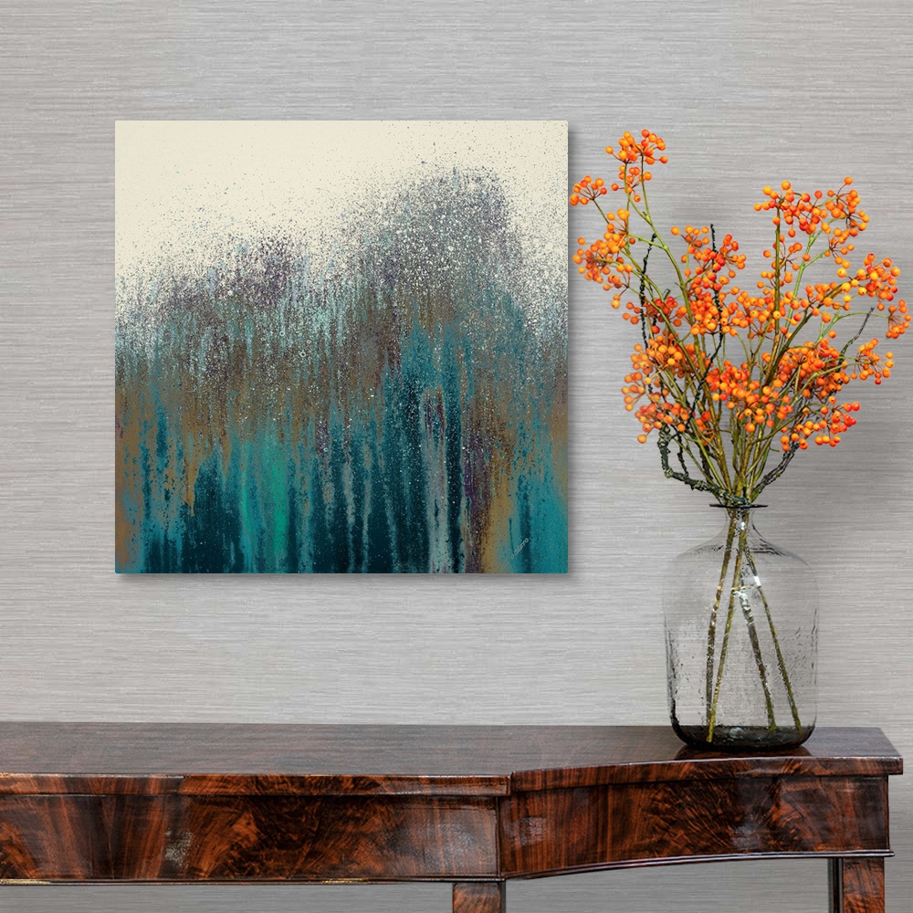 A traditional room featuring This square abstract painting of streaks and splatters of paint makes a wonderful decorative acce...