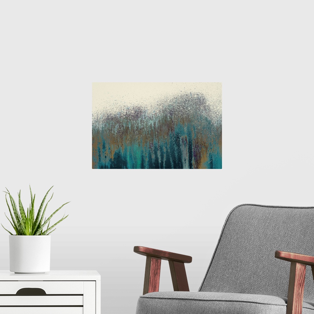 A modern room featuring Abstract painting with streaks and platters, resembling a forest.