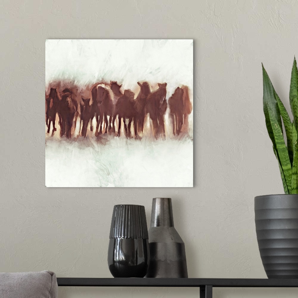 A modern room featuring Team Of Brown Horses Running