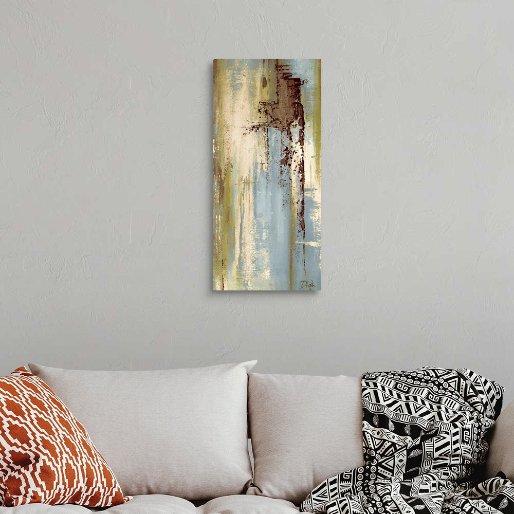 A bohemian room featuring Contemporary abstract painting using blue tones mixed with gray and brown in vertical streaking m...