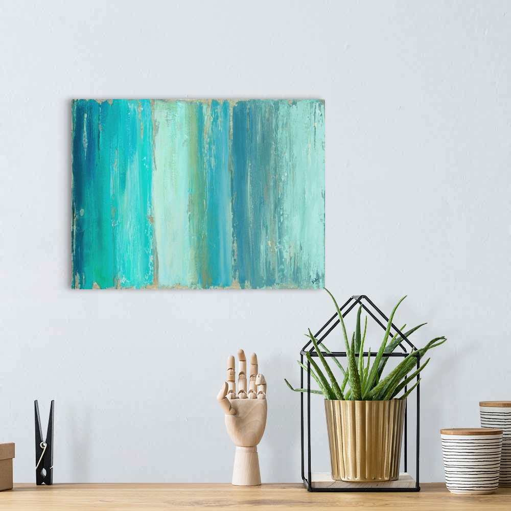 A bohemian room featuring An abstract painting with different shades of vertical blue lines.