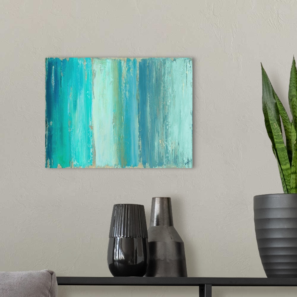 A modern room featuring An abstract painting with different shades of vertical blue lines.
