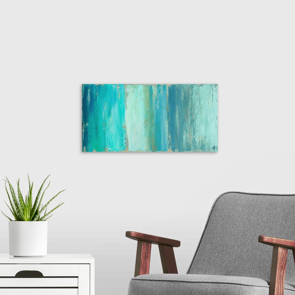 A modern room featuring A wide and skinny abstract painting with different shades of vertical blue lines.