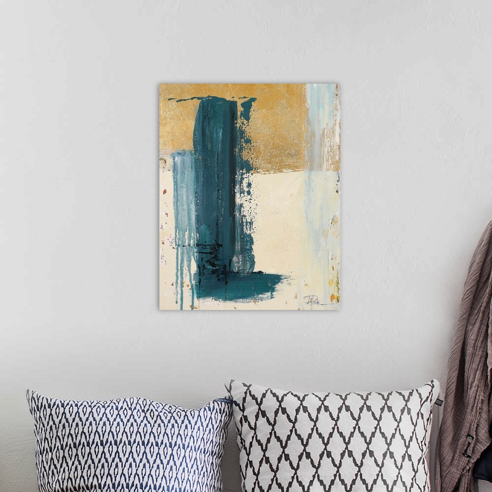 A bohemian room featuring An abstract painting with a bold, blue brush stroke moving vertically down and stopped by a small...