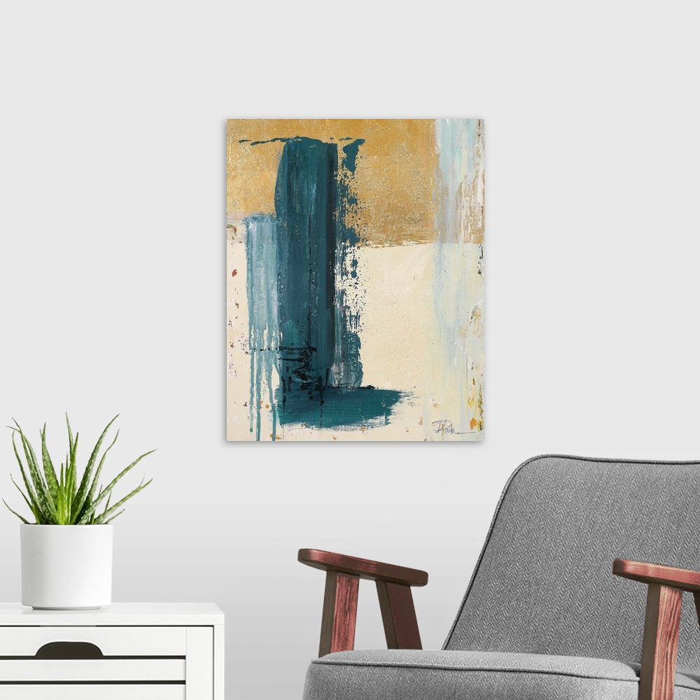 A modern room featuring An abstract painting with a bold, blue brush stroke moving vertically down and stopped by a small...
