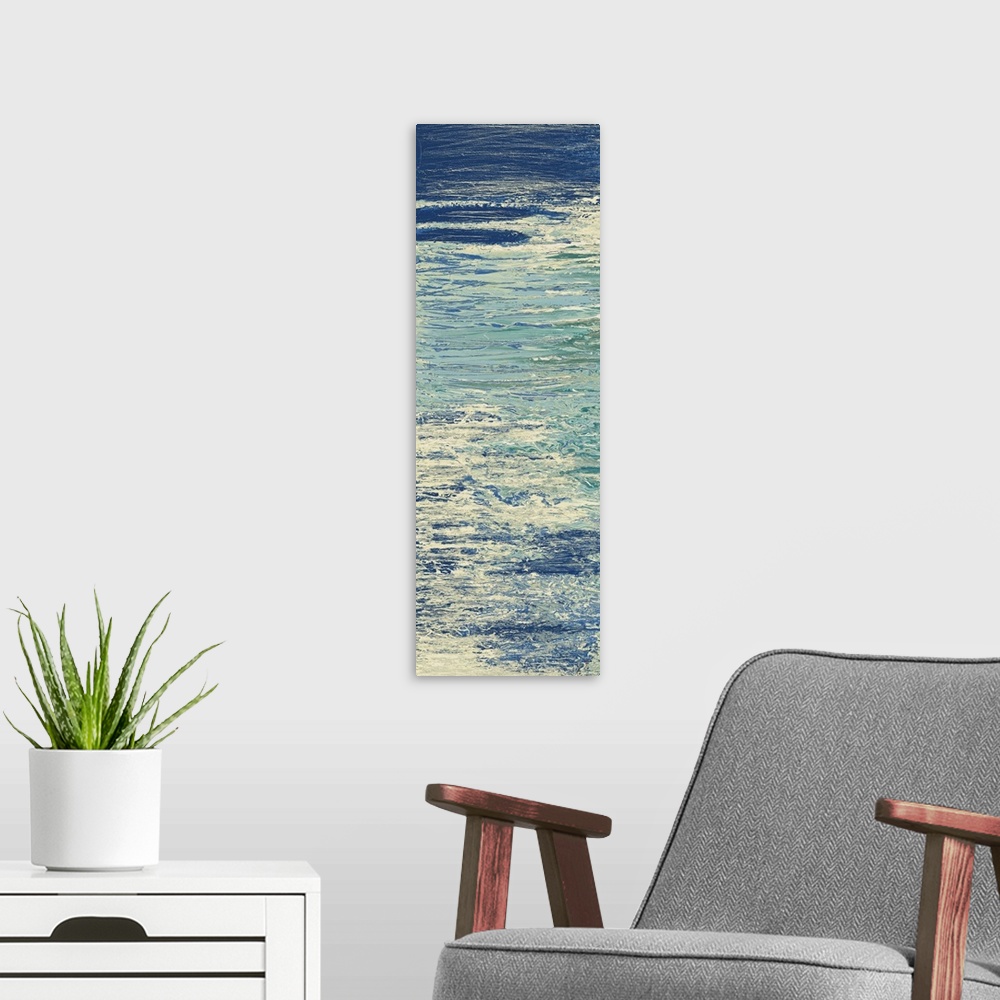 A modern room featuring Abstract painting in blue and white resembling ripples on water.