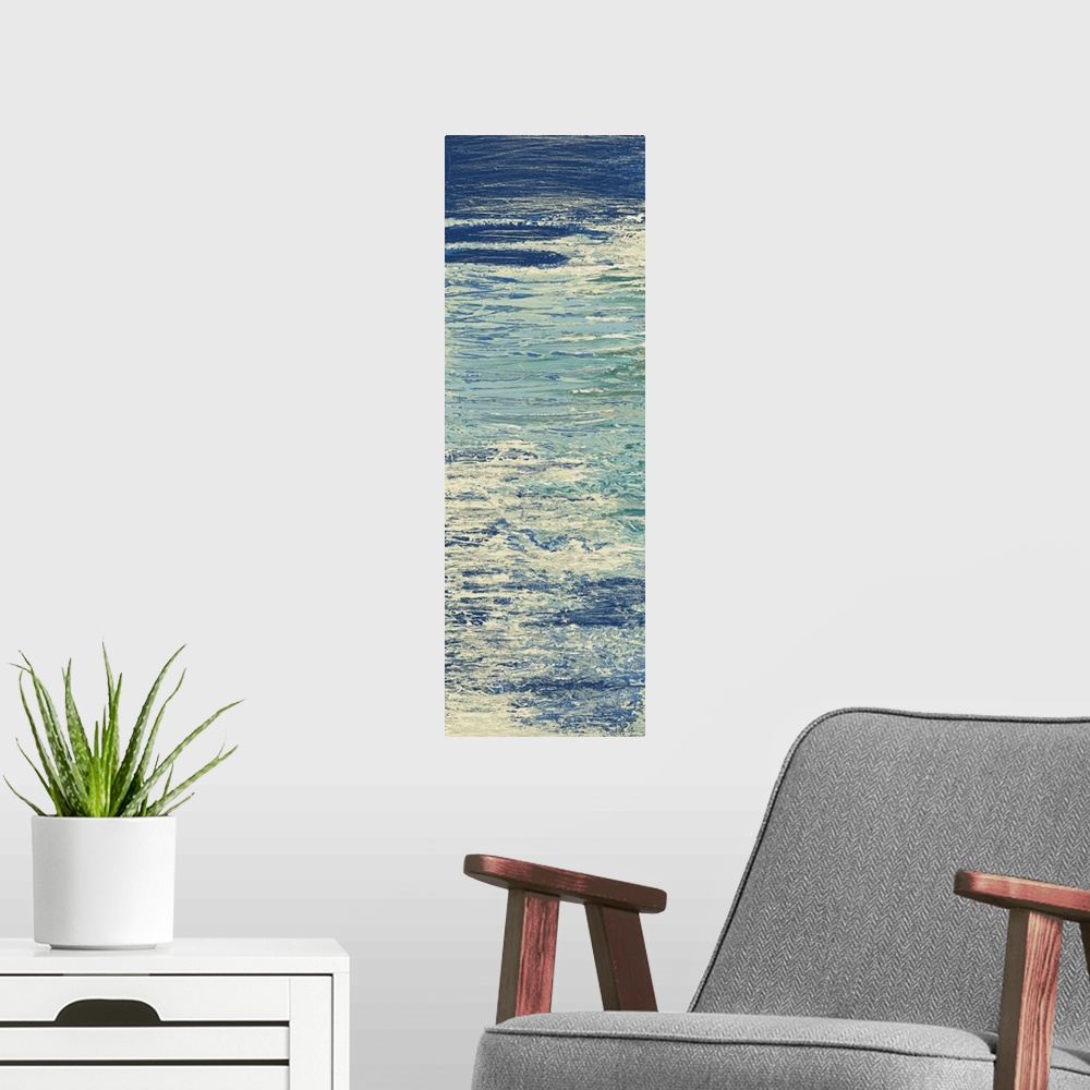 A modern room featuring Abstract painting in blue and white resembling ripples on water.