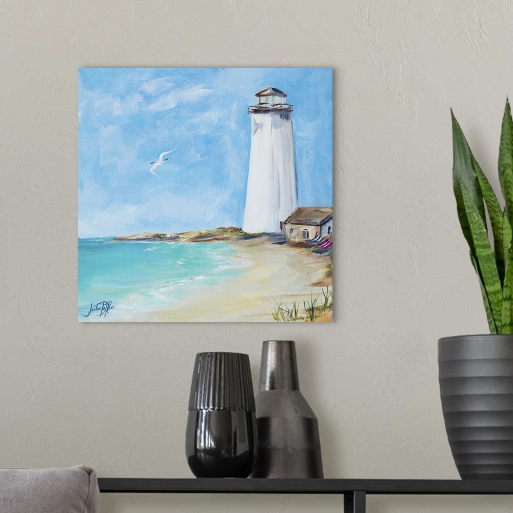 A modern room featuring Square painting of an all white lighthouse on the shore with a seabird flying above the ocean.