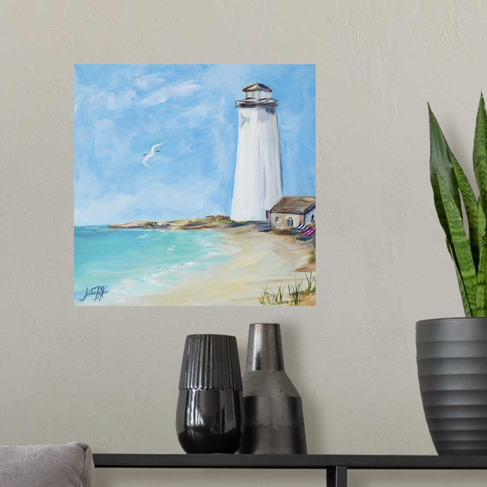 A modern room featuring Square painting of an all white lighthouse on the shore with a seabird flying above the ocean.