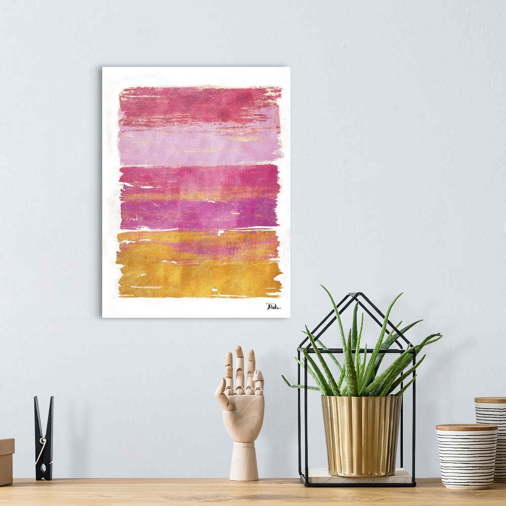 A bohemian room featuring A contemporary abstract painting with thick horizontal brushstrokes of different shades of pink w...