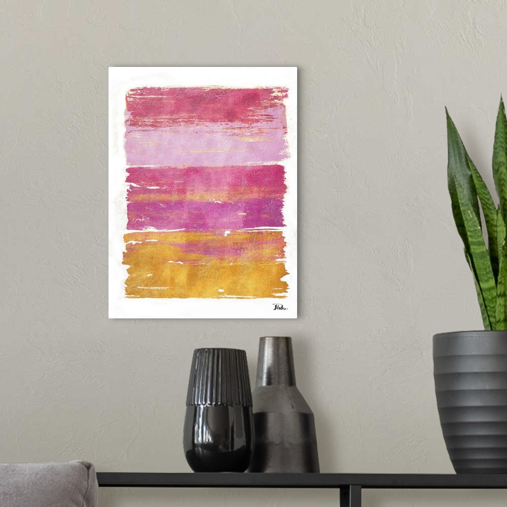 A modern room featuring A contemporary abstract painting with thick horizontal brushstrokes of different shades of pink w...