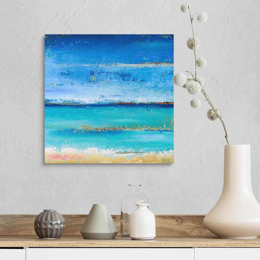 A farmhouse room featuring Abstract painting of a blue colorscape resembling the ocean from a beach view.