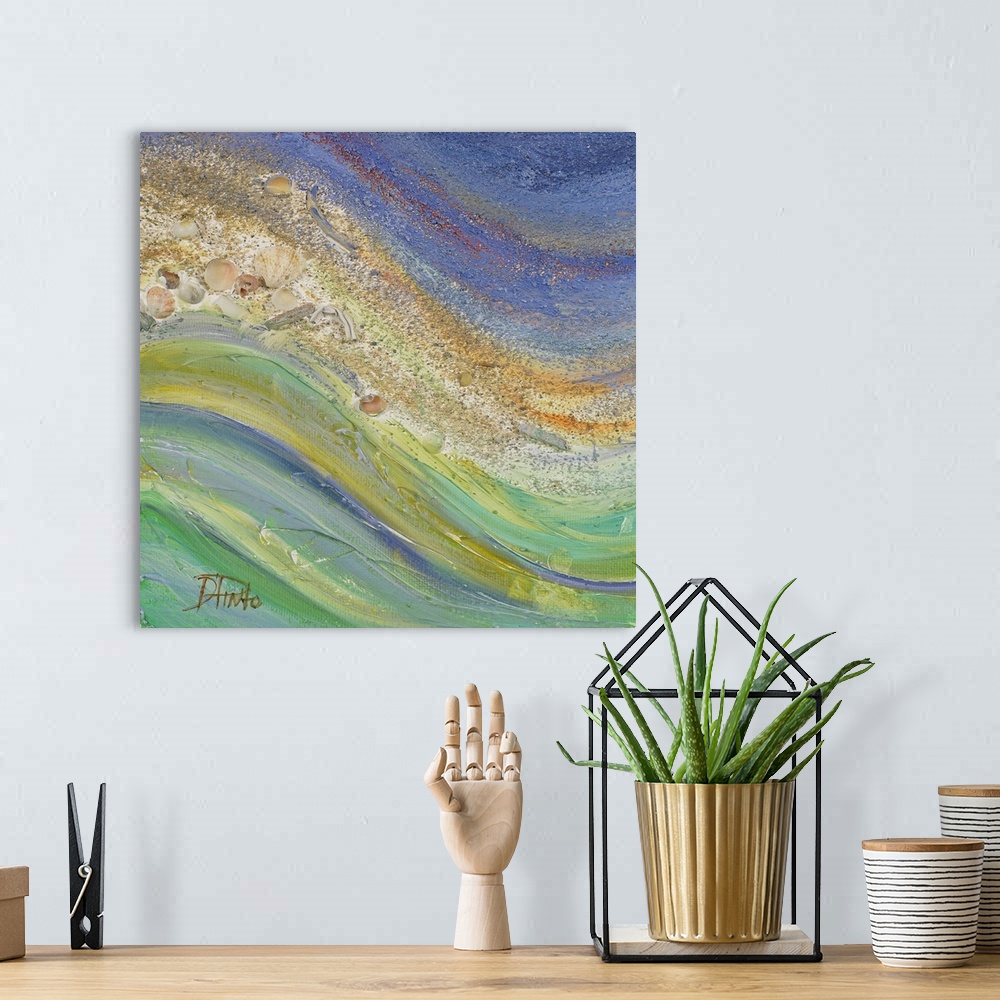 A bohemian room featuring Square painting of the ocean meeting a beach with shells on canvas.