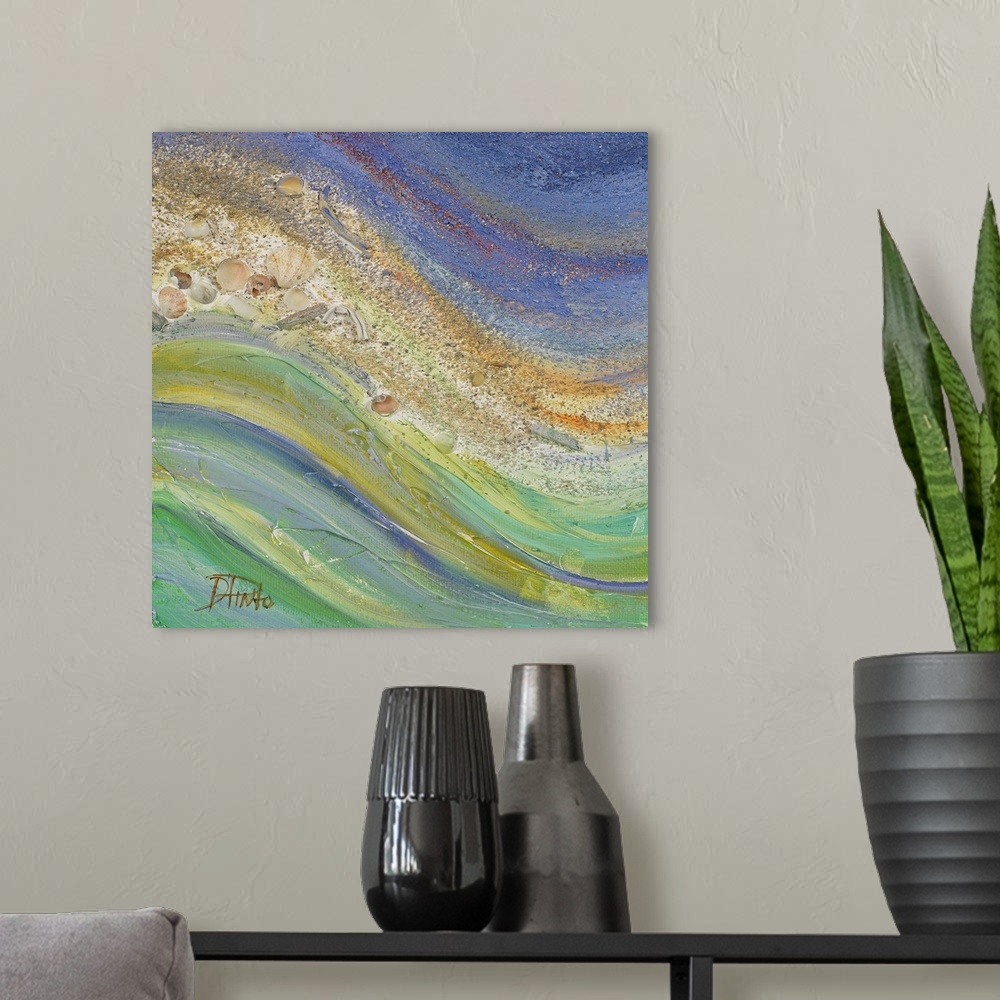 A modern room featuring Square painting of the ocean meeting a beach with shells on canvas.