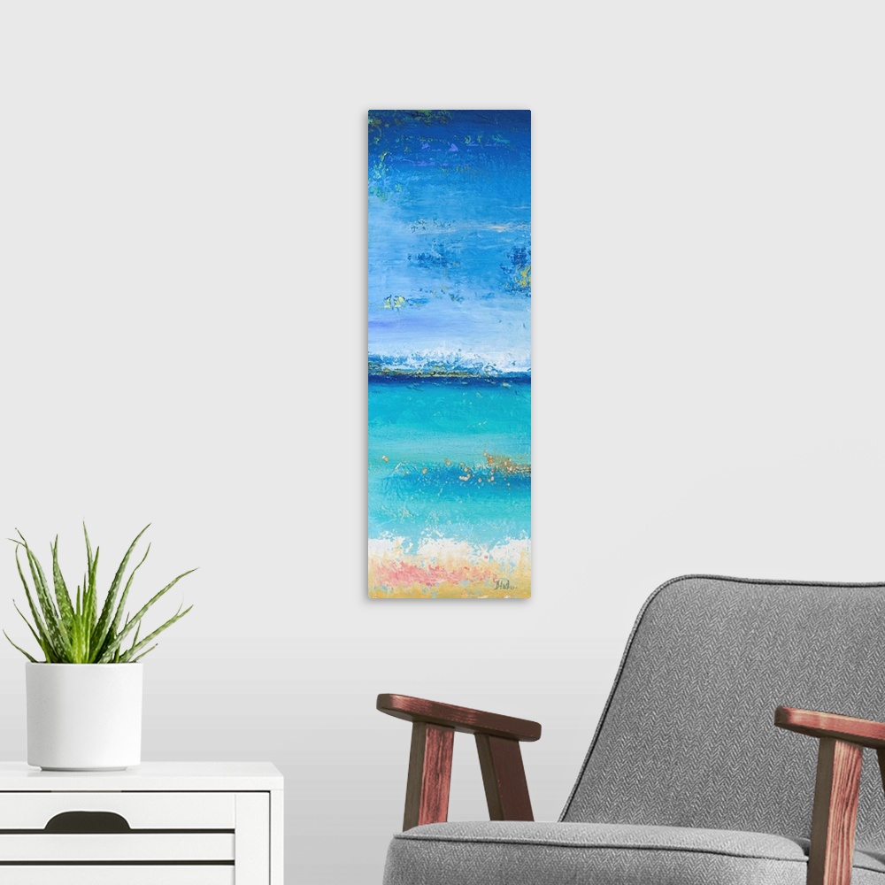 A modern room featuring Abstract painting of a blue colorscape resembling the ocean from a beach view.