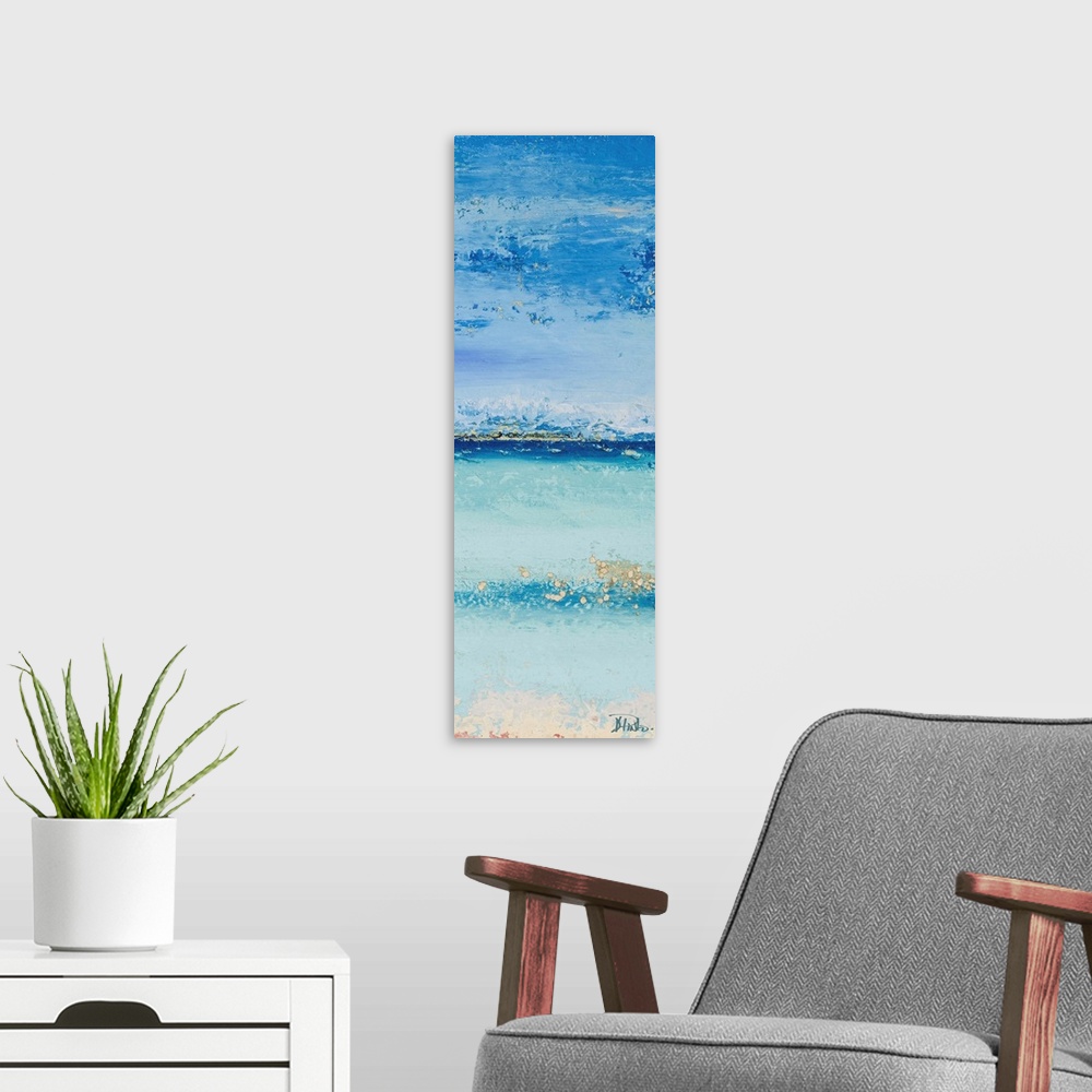 A modern room featuring Abstract painting of a light blue colorscape resembling the ocean from a beach view.