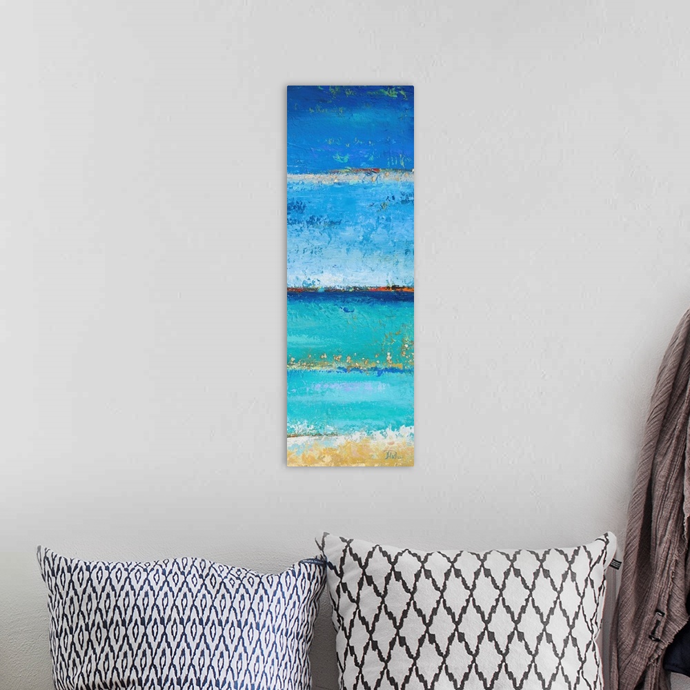 A bohemian room featuring Abstract painting of a blue colorscape resembling the ocean from a beach view.
