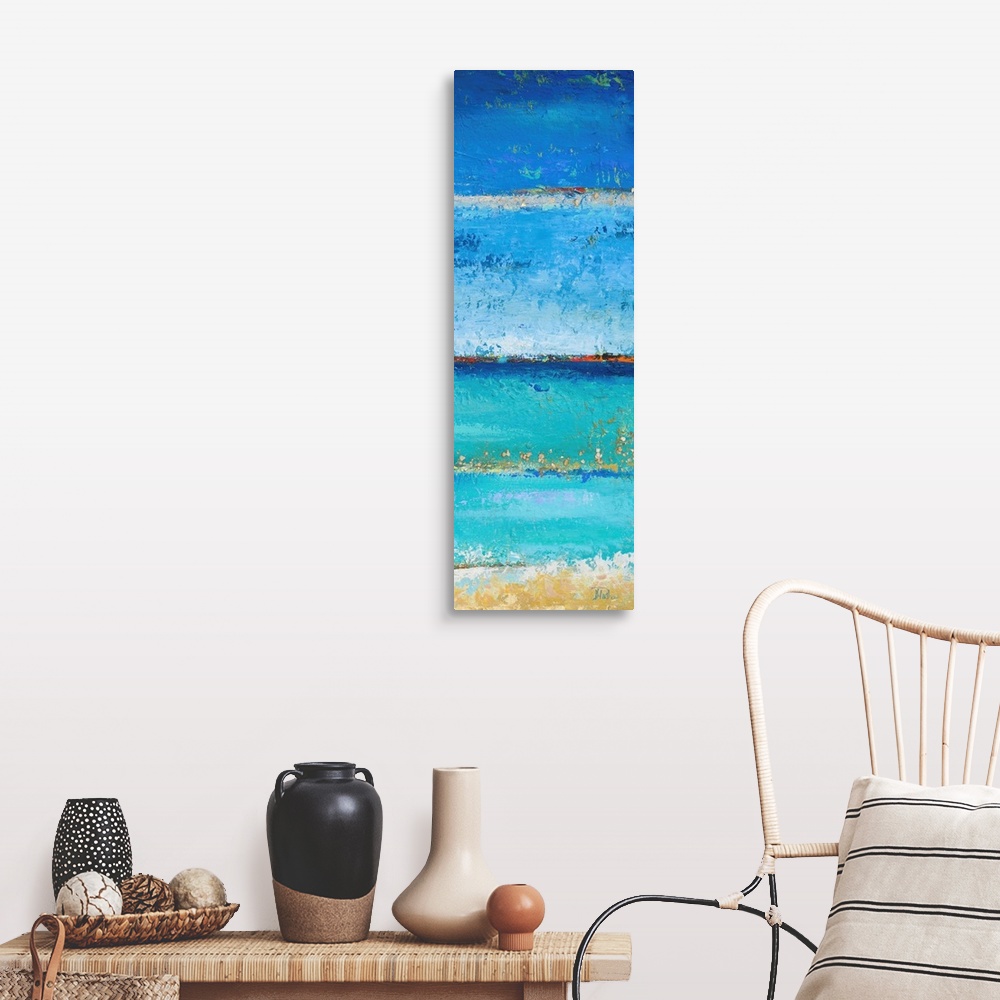 A farmhouse room featuring Abstract painting of a blue colorscape resembling the ocean from a beach view.