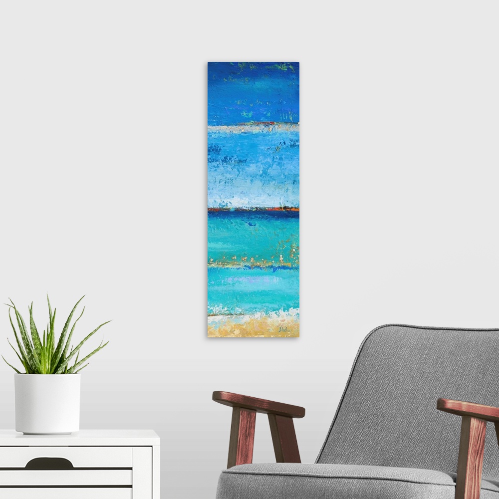 A modern room featuring Abstract painting of a blue colorscape resembling the ocean from a beach view.