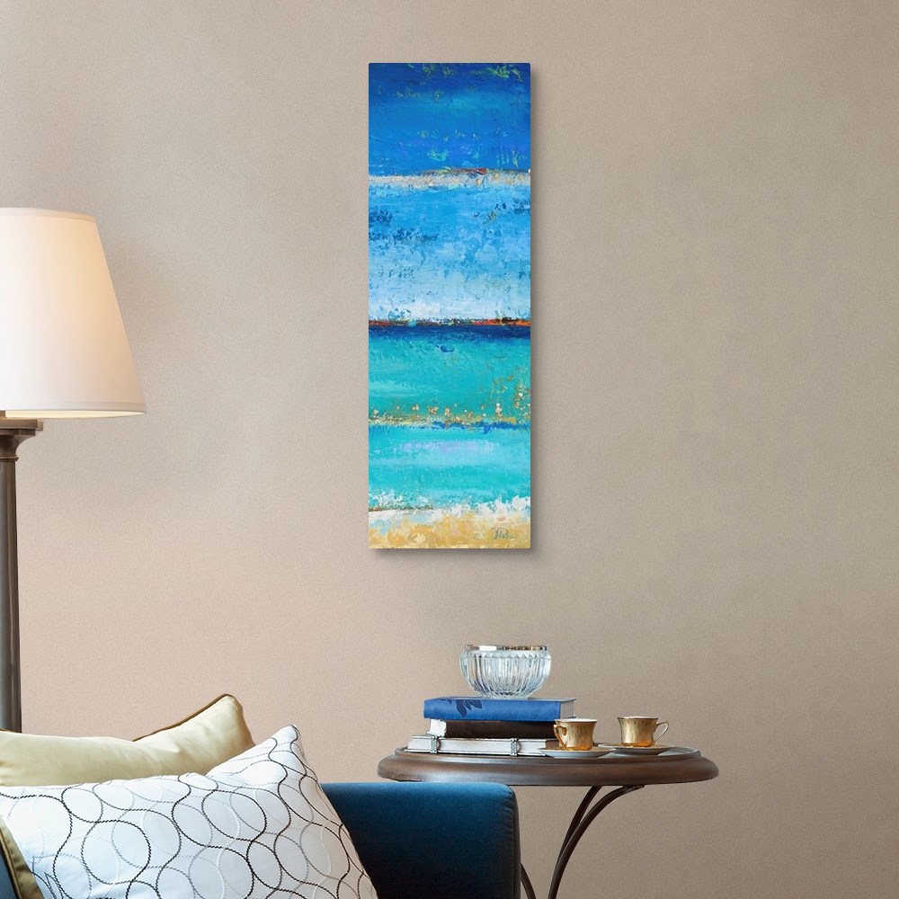 A traditional room featuring Abstract painting of a blue colorscape resembling the ocean from a beach view.