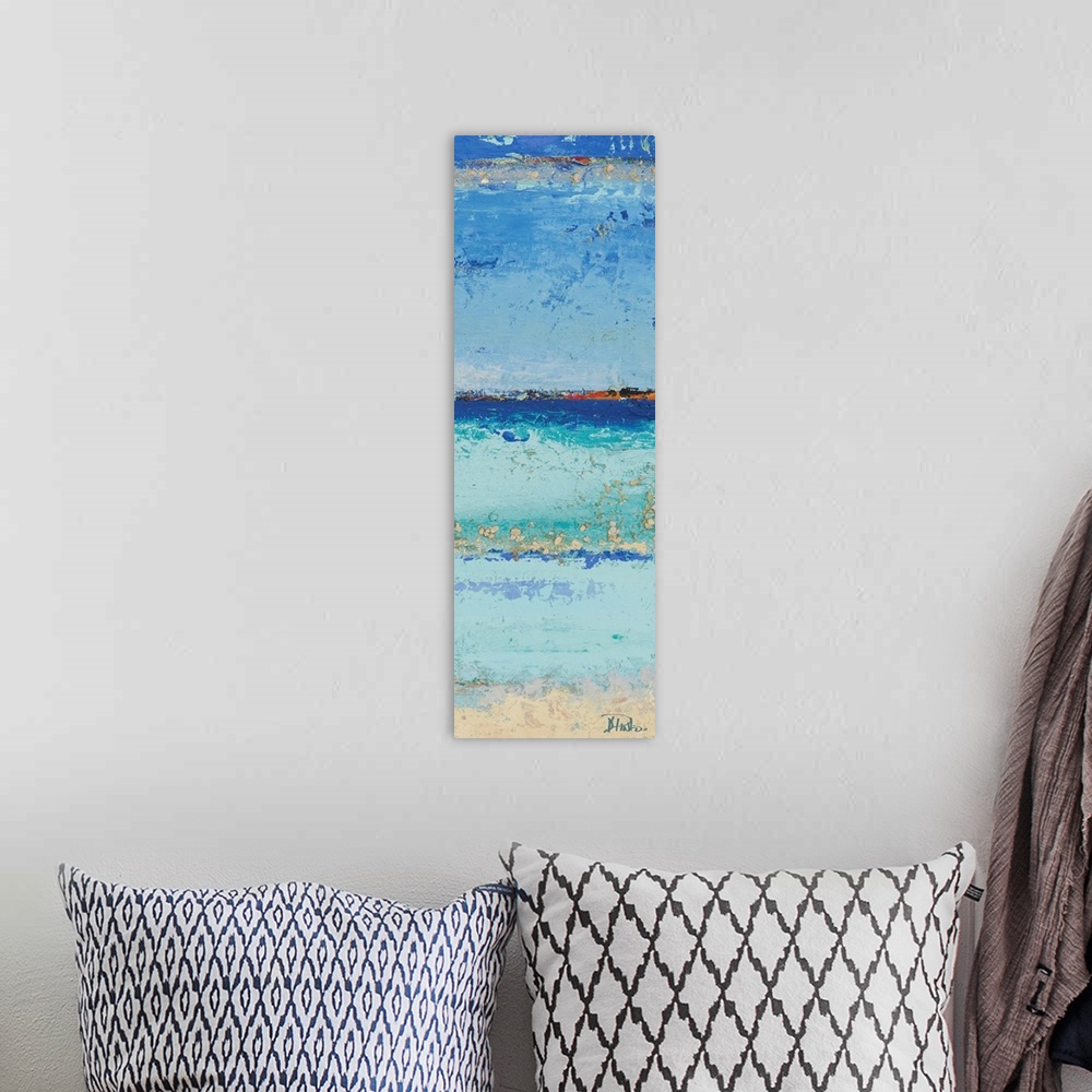 A bohemian room featuring Abstract painting of a light blue colorscape resembling the ocean from a beach view.