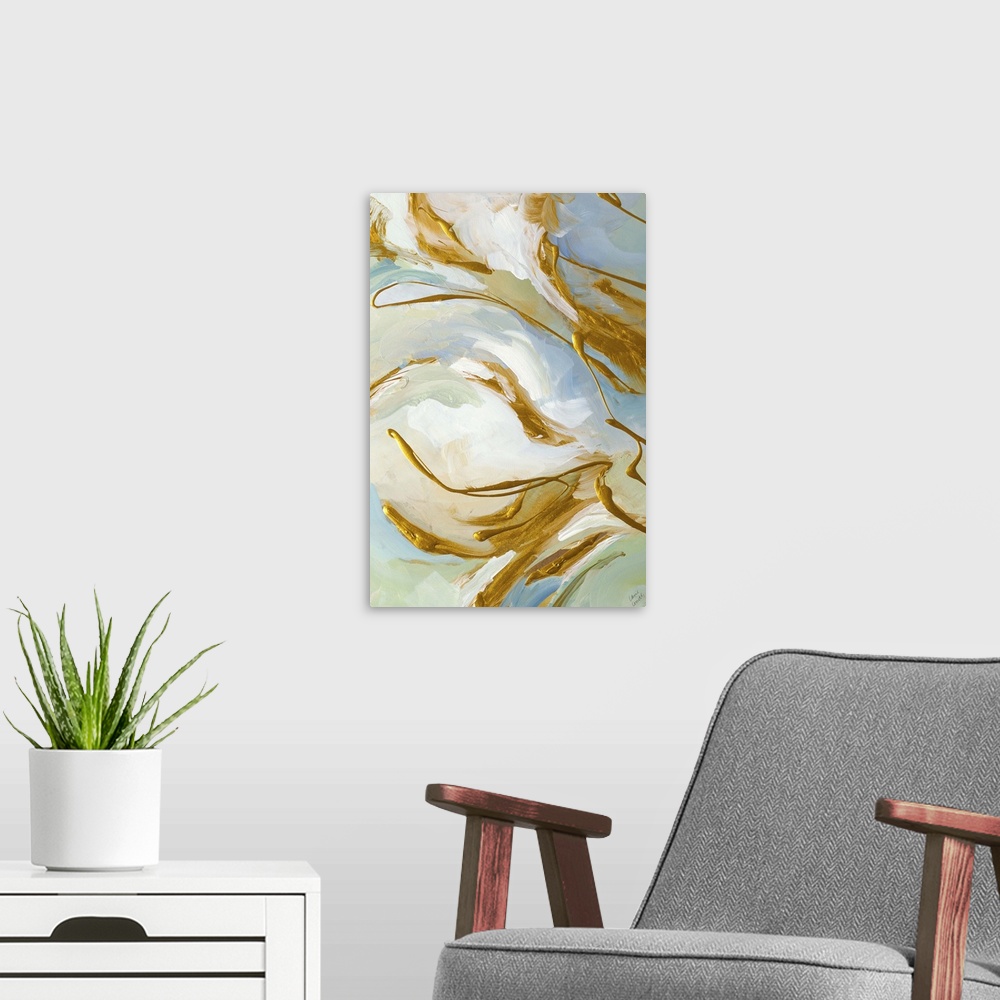 A modern room featuring Abstract artwork in white with golden swirls.