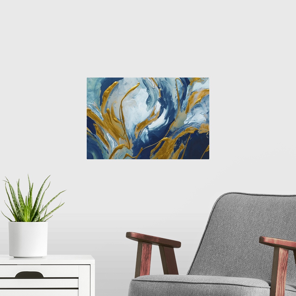A modern room featuring Abstract artwork in blue and white with golden swirls.