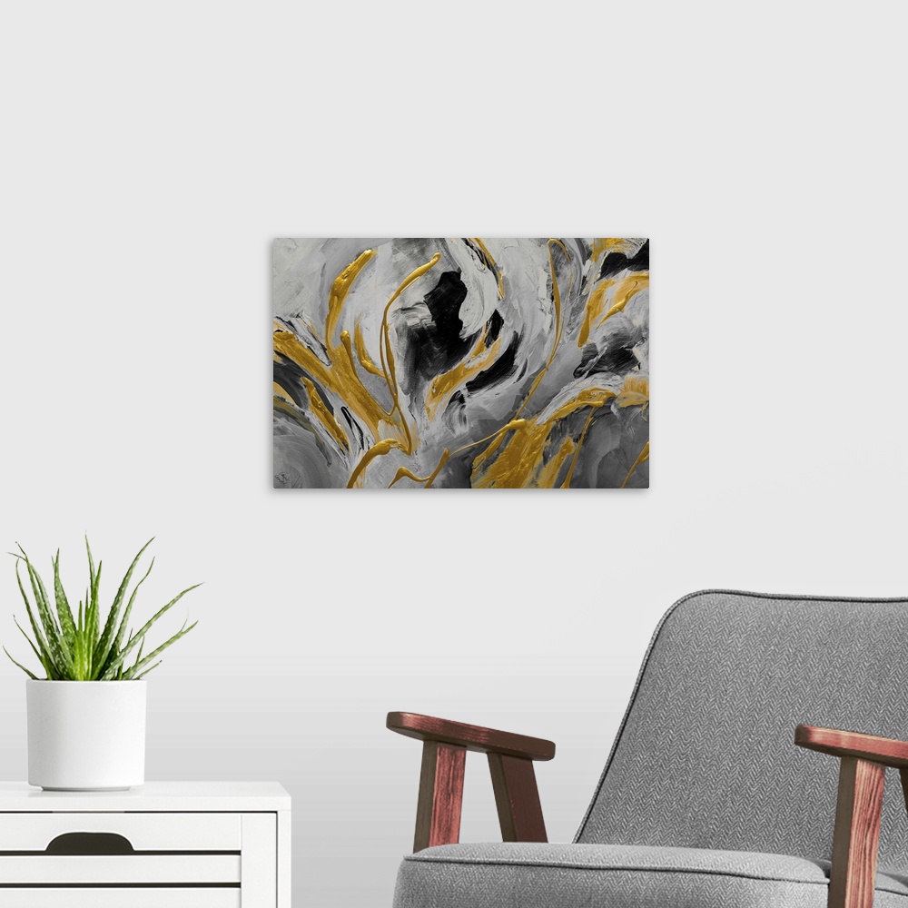 A modern room featuring A contemporary abstract painting that has shades of gray and black with thick, bright, gold designs.