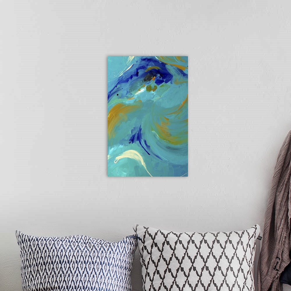 A bohemian room featuring Abstract artwork in blue and teal with golden swirls.
