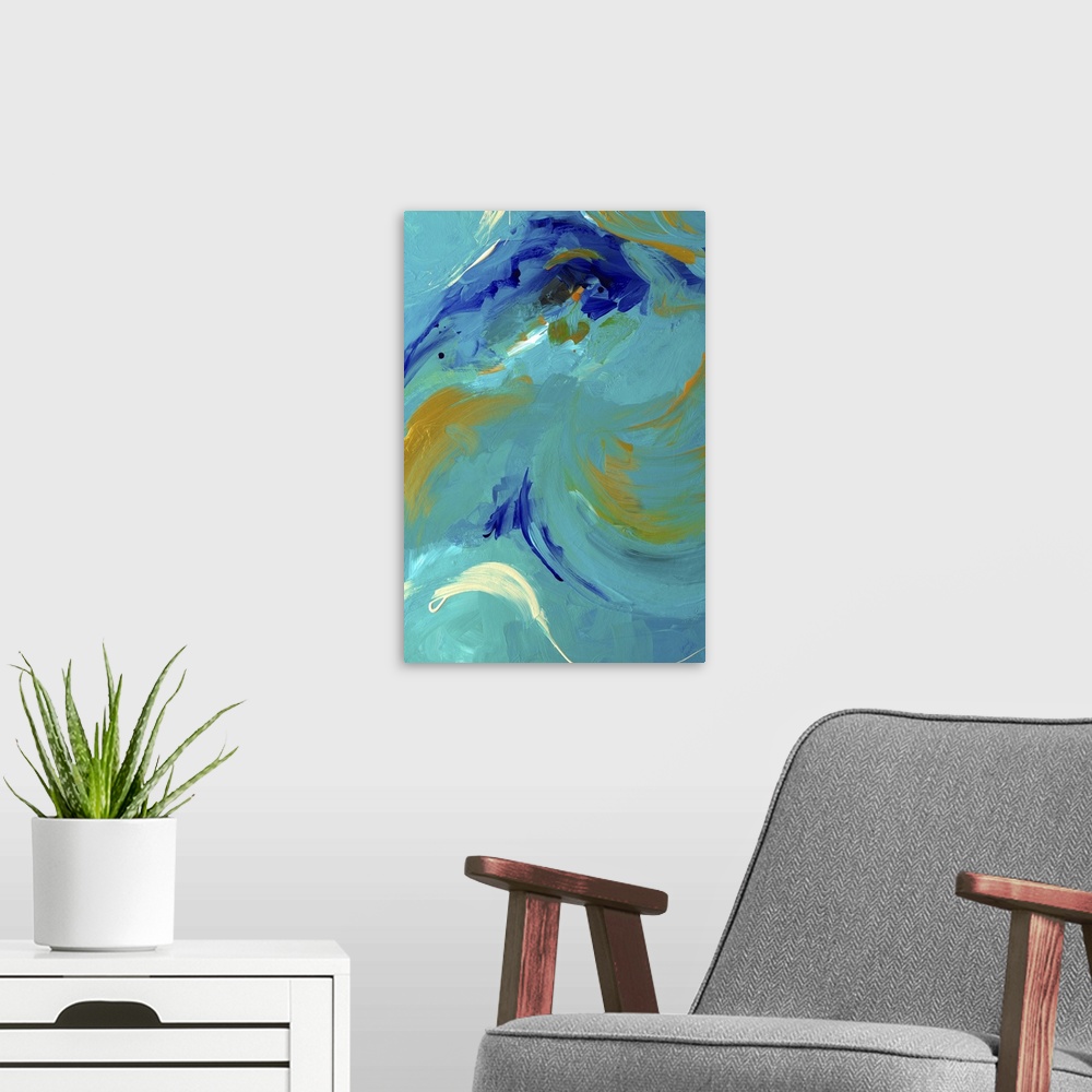 A modern room featuring Abstract artwork in blue and teal with golden swirls.