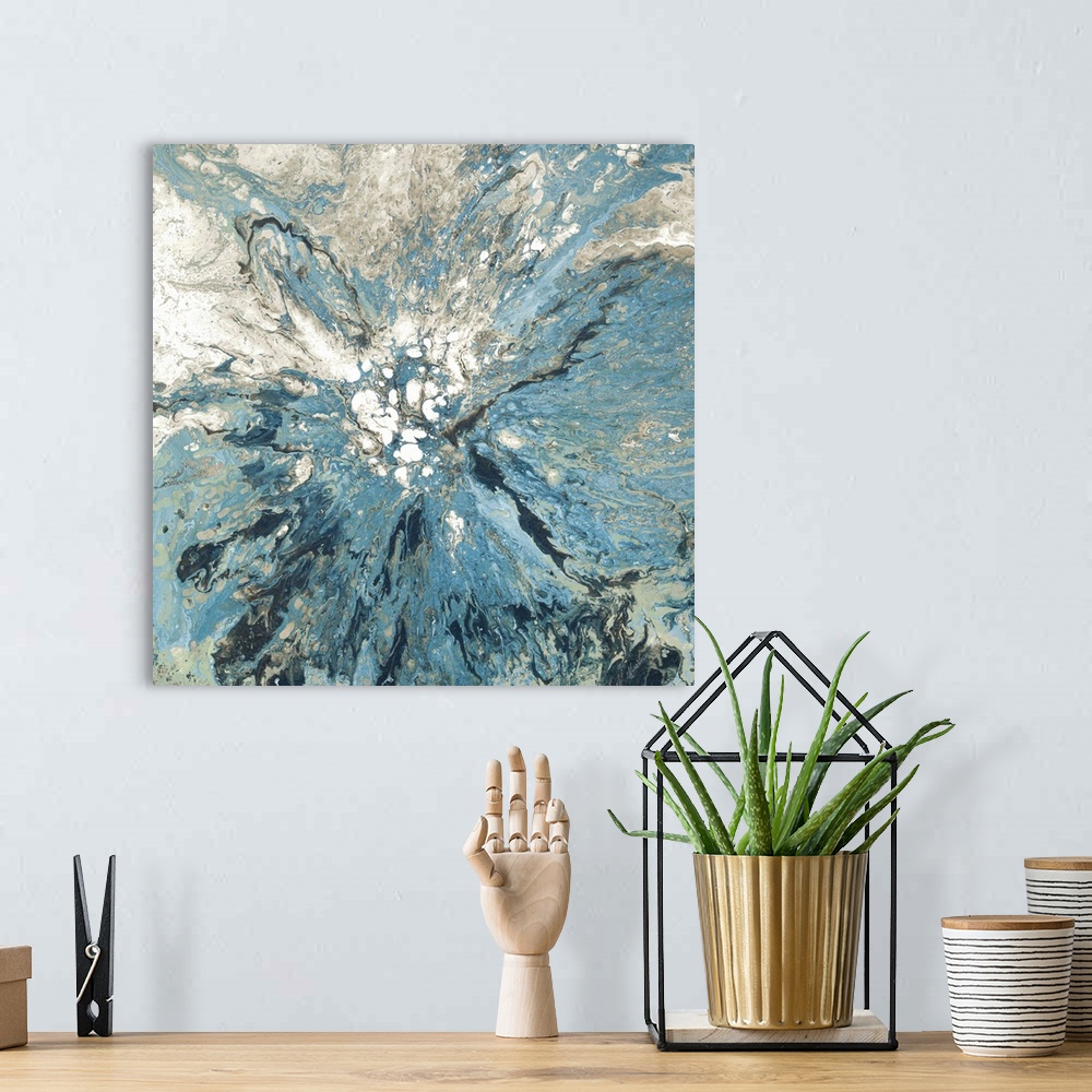 A bohemian room featuring Square abstract painting using shades of blue, gray, and white all forming together at a central ...