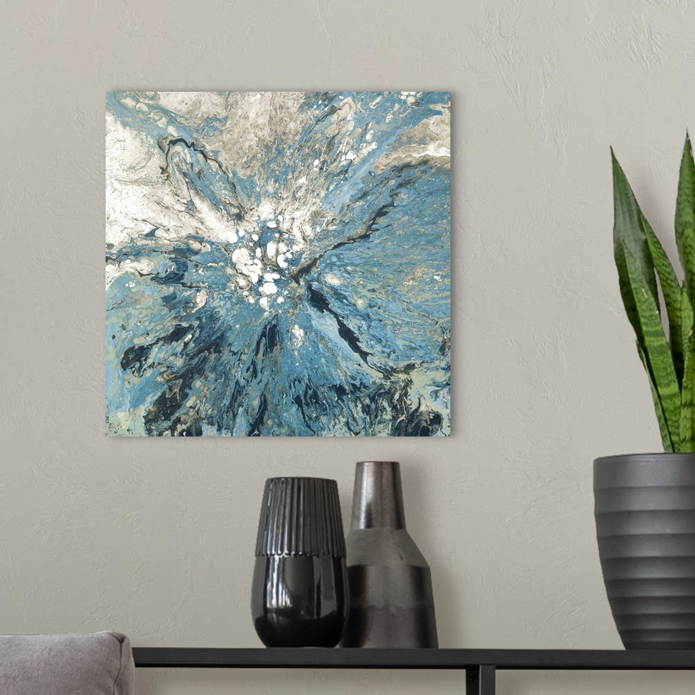A modern room featuring Square abstract painting using shades of blue, gray, and white all forming together at a central ...