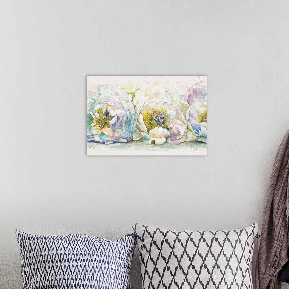 A bohemian room featuring Colorful watercolor painting of three peonies with a white background.
