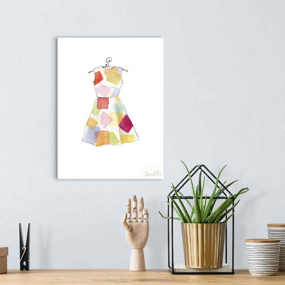 A bohemian room featuring Watercolor painting of a white dress with a colorful square pattern.