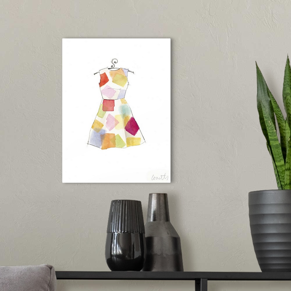 A modern room featuring Watercolor painting of a white dress with a colorful square pattern.