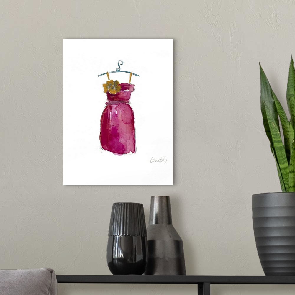A modern room featuring Watercolor painting of a pink dress with a big yellow flower on the breast.