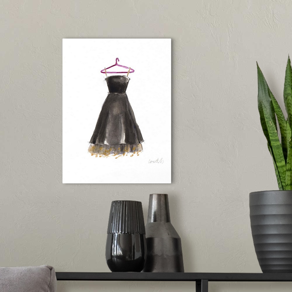 A modern room featuring Watercolor painting of a black dress with black and gold frill at the bottom.