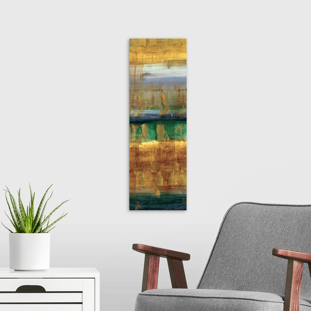 A modern room featuring Original Size: 12x36"; acrylic/mixed media